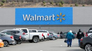 A Walmart logo seen from the parking lot of its store in Bloomsburg.