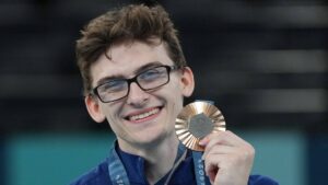 Men's gymnastics pommel horse bronze medalist Stephen Nedoroscik of the U.S. poses with his medal at the Paris 2024 Olympic Games in Paris, France on Saturday, August 3, 2024.