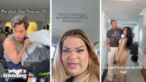 LEFT: Actor Penn Badgley participates in the 'demure' trend. (Picture by: @YouNetflix via X) CENTER: TikToker and beauty influencer Jools Lebron starts the 'demure' trend. (Picture by @joolieannie via TikTok) RIGHT: Kim Kardashian participates in the 'Demure' trend with hairstylist Chris Appleton (Picture by @chrisappletonhair via TikTok)