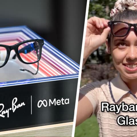 LEFT: Smart Ray-Ban Glasses, on June 16, 2024, in Caen, Normandy, France. (Picture by: Artur Widak/NurPhoto / Shutterstock) RIGHT: TikToker Sadi Taylor explains how helpful her Ray-Ban Meta Smart Glasses have been as a blind person. (Picture by: @sadi.theblindlady via TikTok)