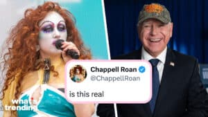 LEFT: Chappell Roan performs at Bonnaroo Music and Arts Festival (Picture by: Daniel DeSlover / Shutterstock) RIGHT: Tim Walz shares a photo of himself in the viral 'Kamala Walz' camo hat. (Picture by: @Tim_Walz via X)