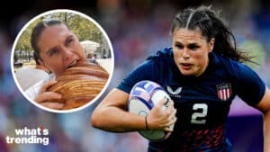 LEFT: Olympian Ilona Maher eats a giant croissant in a video posted to TikTok (Picture by: @ilonamaher via TikTok) RIGHT: Ilona Maher of USA during the Women's Seven Rugby, Day 3 - Paris 2024 Olympic Games at Stade de France on July 30, 2024 in Saint Denis, France. (Picture by: Poupart Julien/ABACA / Shutterstock)