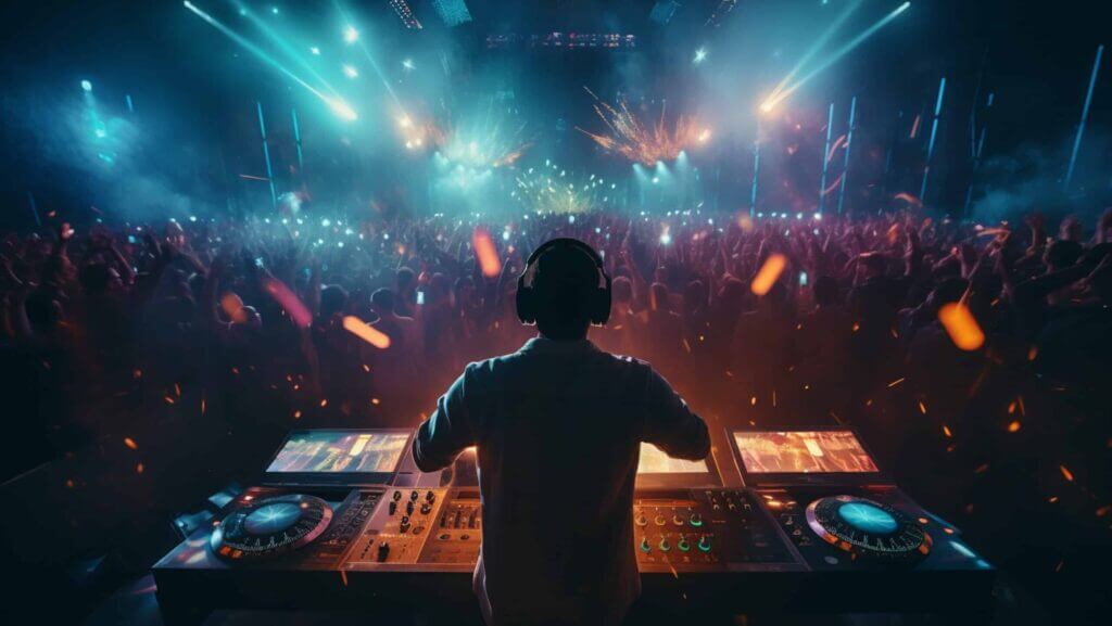 DJ wearing headphones performing at a crowded nightclub with colorful lights and fireworks effects
