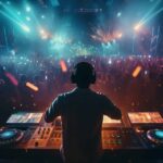 DJ wearing headphones performing at a crowded nightclub with colorful lights and fireworks effects