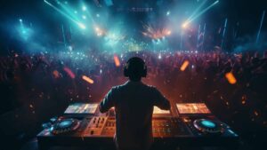 DJ wearing headphones performing at a crowded nightclub with colorful lights and fireworks effects