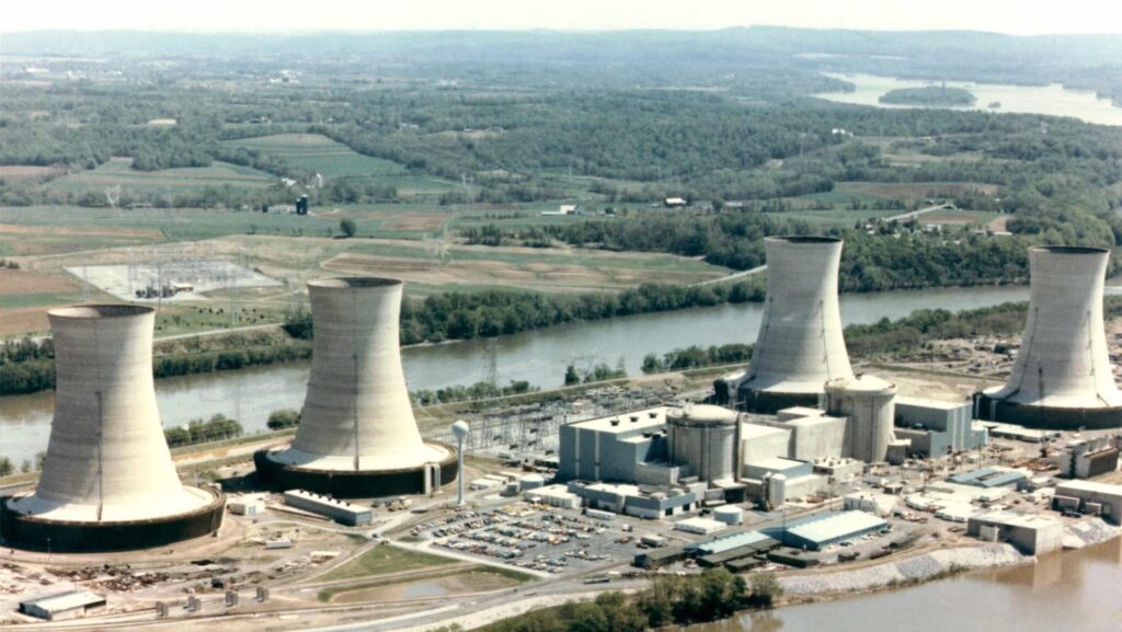 Three Mile Island Nuclear Generating Station had two reactors housed in the cylindrical concrete containment buildings. After Unit 2 on right melted down on March 28 1979 Unit One resumed operation in 1984 and is licensed to stay online until 2034.