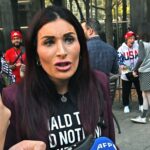 Donald Trump supporter and political activist Laura Loomer speaks outside Manhattan criminal court as the former president arrives for the first day of his criminal trial in New York, on Monday, April 15, 2024. Trump, the first former president to stand trial on criminal charges, is charged with 34 counts of falsifying business records to allegedly cover hush money payments to adult-film star Stormy Daniels in 2016.