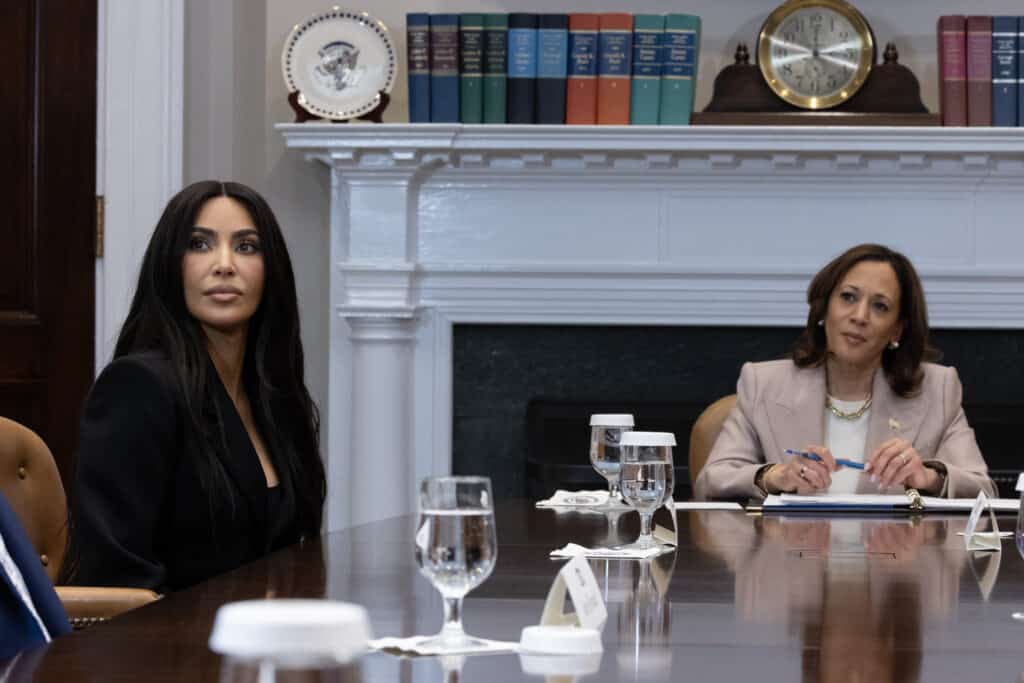 US media personality Kim Kardashian attends an event on Second Chance Month with US Vice President Kamala Harris in the Roosevelt Room of the White House in Washington, DC, USA, 25 April 2024.