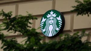 The Starbucks coffee shop logo is seen on the street in Krakow, Poland, on August 19, 2024.