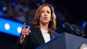 Vice President and Presidential Nominee KAMALA HARRIS speaks to supporters at her campaign rally at the Greensboro Coliseum in Greensboro, North Carolina.