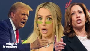 LEFT: Donald Trump appeared highly animated as he addressed the crowd at his first rally in Tucson, Arizona following the presidential debate against Kamala Harris. (Picture by: SplashNews.com / Shutterstock) CENTER: Tana Mongeau arrives at the 9th annual Streamy Awards (Picture by: Broadimage / Shutterstock) RIGHT: Vice President and Presidential Nominee KAMALA HARRIS speaks to supporters at her campaign rally at the Greensboro Coliseum in Greensboro, North Carolina (Picture by: Josh Brown/ZUMA Press Wire / Shutterstock)