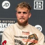 Jake Paul speaks during Weigh-in ceremony leading to Katie Taylor and Amanda Serrano fight at Hulu Theater at MSG. This will be the first women's boxing fight to headline Madison Square Garden in history.