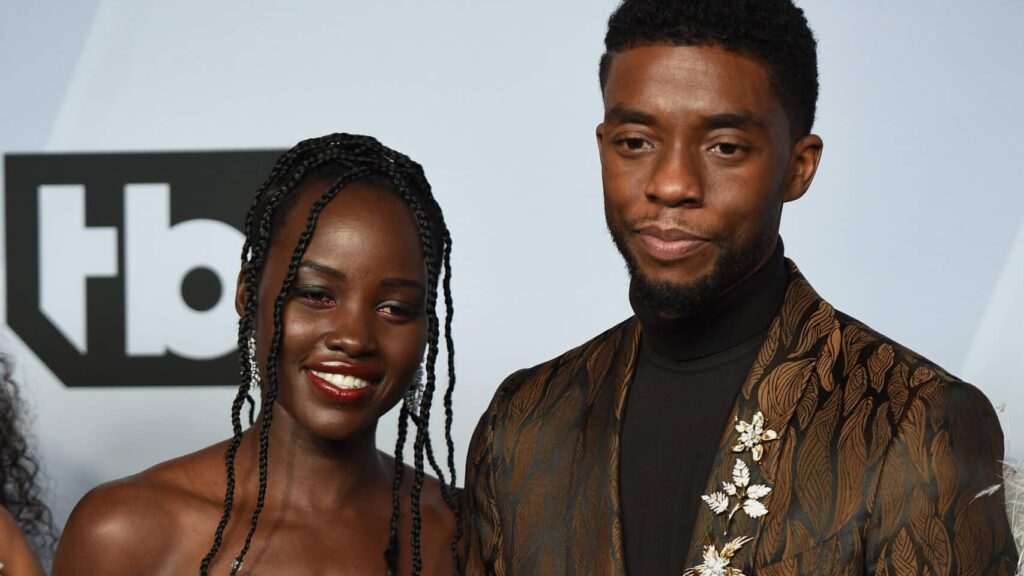 Lupita Nyong'o, Chadwick Boseman from 'Black Panther' pose in the press room during the 25th Annual Screen Actors Guild Awards at The Shrine Auditorium on January 27, 2019 in Los Angeles, CA, USA.