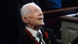 Former President Jimmy Carter departs after the funeral service for former first lady Rosalynn Carter, at Maranatha Baptist Church, Wednesday, Nov. 29, 2023, in Plains, Ga. The former first lady died on Nov. 19. She was 96.