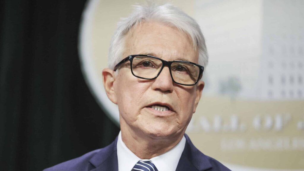 Los Angeles County District Attorney George Gascon speaks during a press conference about Lyle and Erik Menendez, who are each serving two consecutive life prison terms without parole, in Los Angeles, California, USA, 24 October 2024. Brothers Lyle and Erik Menendez were sentenced in 1996 for first degree murder for killing their parents, Jose and Kitty Menendez, but new evidence in the case has lead prosecutors to reexamine the brothers' sentencing.