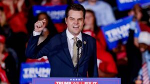 Republican US Representative from Florida Matt Gaetz speaks before Republican vice presidential nominee and Ohio Senator JD Vance participates in an Election Day eve campaign rally in the Cobb County area of Atlanta, Georgia, USA, 04 November 2024. Vance is the running mate of former US president Donald Trump. The US Election Day is 05 November 2024.