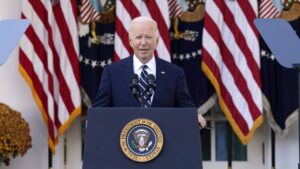 US President Joe Biden delivers remarks on the presidential election results in the Rose Garden of the White House in Washington on November 7, 2024.