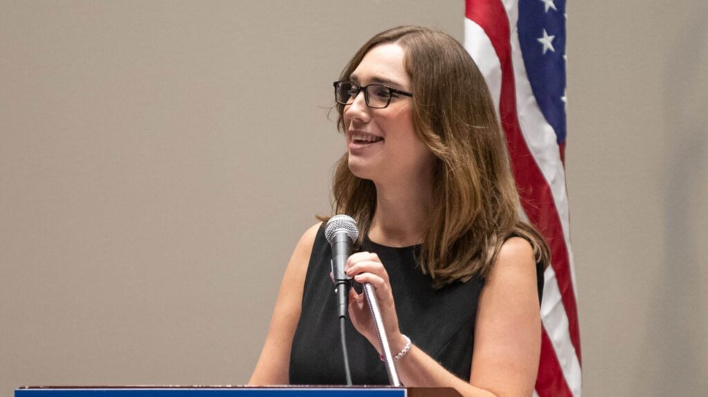 Delaware state senator Sarah McBride speaks at the LGBTQ+ Caucus at McCormick Place during 2024 Democratic National Convention