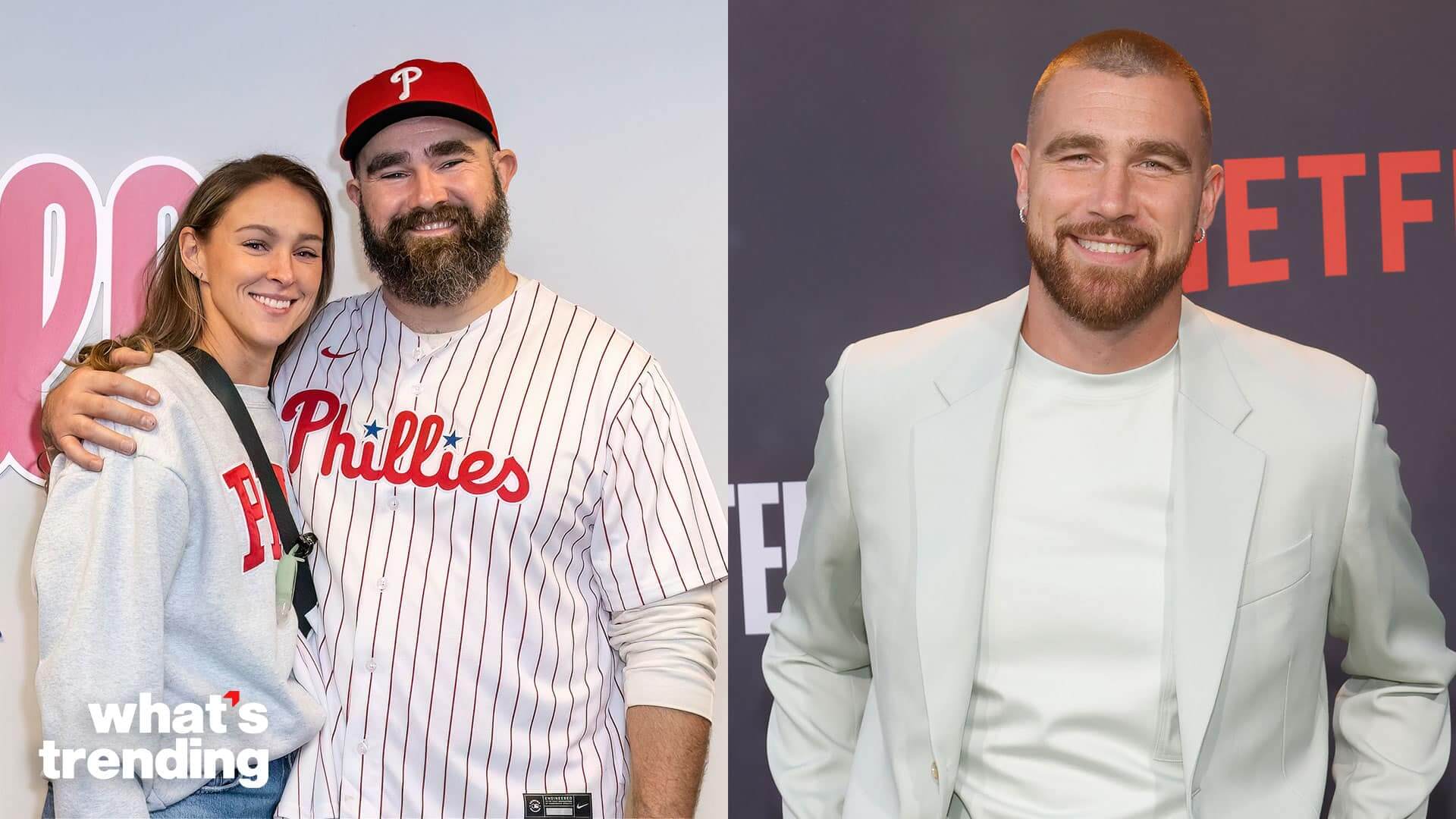 Couple with man in Philadelphia Phillies jersey and man in white suit smiling at Netflix event