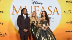 Jay-Z (L), Beyonce (C), and Blue Ivy Carter (R), attend the premiere of Disney's 'Mufasa: The Lion King' at the Dolby Theater in Los Angeles, California, USA, 09 December 2024.