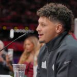 Patrick Mahomes of the Kansas City Chiefs speaks to the media during Super Bowl LVIII Opening Night fueled by Gatorade