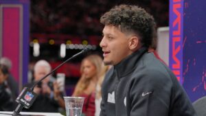 Patrick Mahomes of the Kansas City Chiefs speaks to the media during Super Bowl LVIII Opening Night fueled by Gatorade