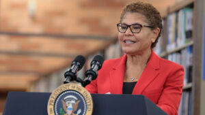 Los Angeles mayor Karen Bass introduces US President Joe Biden at the Culver City Julian Dixon Library in Culver City, California, USA, 21 February 2024. US President Biden announced on 21 February the cancellation of an additional $1.2 billion in student loan debt for around 135,000 borrowers.