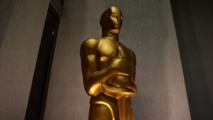 A replica of the Academy Award is seen at the cinema in Krakow, Poland on February 26, 2024.