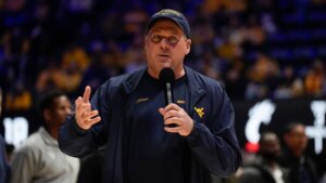 February 19, 2025: WVU Football Head Coach Rich Rodriguez during the West Virginia University Mountaineers vs. University of Cincinnati Bearcats at the WVU Coliseum in Morgantown WV. Brook Ward / Apparent Media Group.