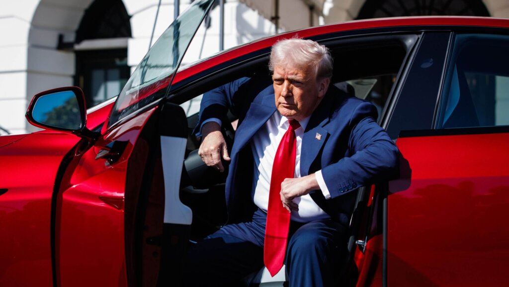 US President Donald Trump climbs out of a Tesla Model S on the South Lawn of the White House in Washington, D.C., USA, 11 March 2025. President Trump has said he will buy a Tesla to support Tesla and Elon Musk after recent attacks on Tesla charging stations and calls for boycotts of Tesla products.