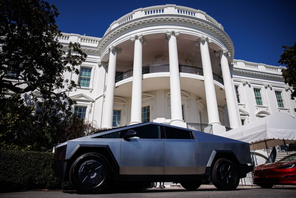 A Tesla Cybertruck is parked with other Tesla vehicles on the South Lawn driveway in front of the White House in Washington, D.C., USA, 11 March 2025. President Trump has said he will buy a Tesla to support Tesla and Elon Musk after recent attacks on Tesla charging stations and calls for boycotts of Tesla products.