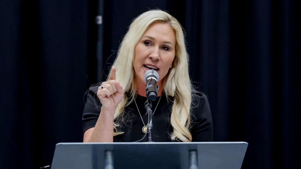 Republican Representative from Georgia Marjorie Taylor Greene participates in her Cobb County Town Hall at the Acworth Community Center in Acworth, Georgia, USA, 15 April 2025.