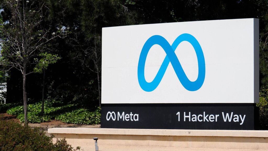 Meta Platforms, Inc., the parent company of major social media and messaging services including Facebook, Instagram, Threads, and WhatsApp, displays its signage at its headquarters in Menlo Park, California, USA, 23 April 2025. The European Commission fined Meta 200 million euros, saying it violated the Digital Markets Act