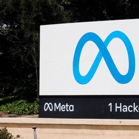 Meta Platforms, Inc., the parent company of major social media and messaging services including Facebook, Instagram, Threads, and WhatsApp, displays its signage at its headquarters in Menlo Park, California, USA, 23 April 2025. The European Commission fined Meta 200 million euros, saying it violated the Digital Markets Act