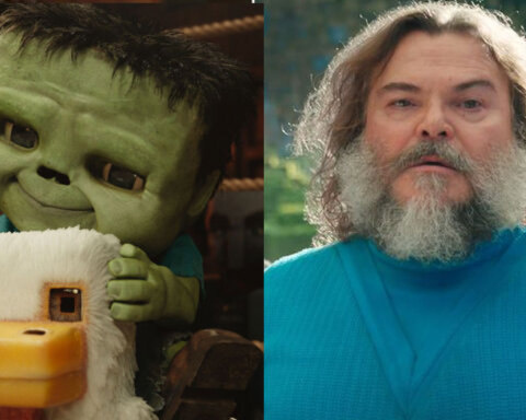 The "chicken jockey" in A Minecraft Movie (left); Jack Black in A Minecraft Movie.