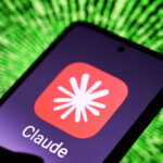 Smartphone screen displaying the Claude app icon with a red background and white starburst logo against a green digital background