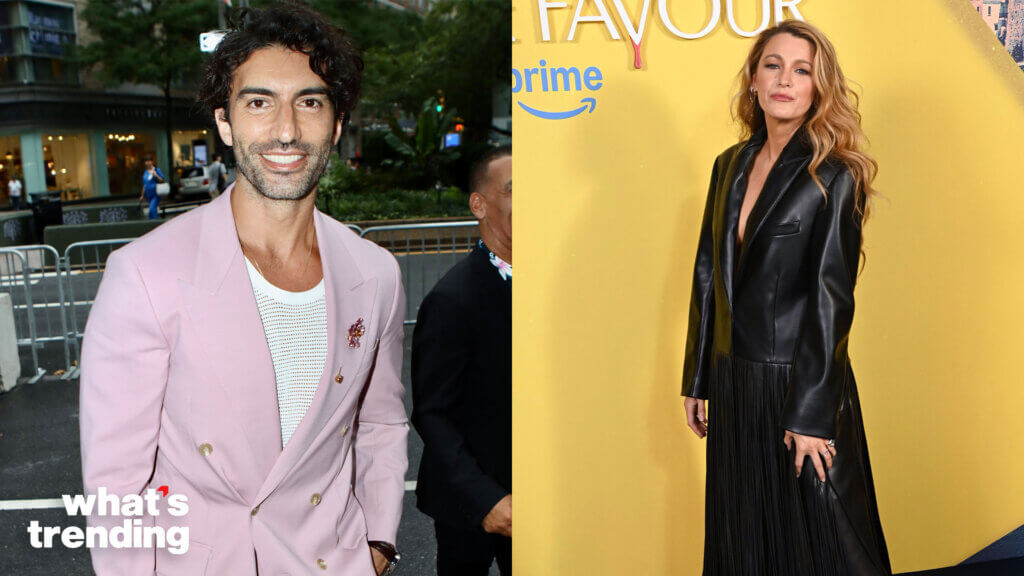 Mena Massoud in a pink blazer and Blake Lively in a black leather coat at a red carpet event