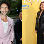 Mena Massoud in a pink blazer and Blake Lively in a black leather coat at a red carpet event