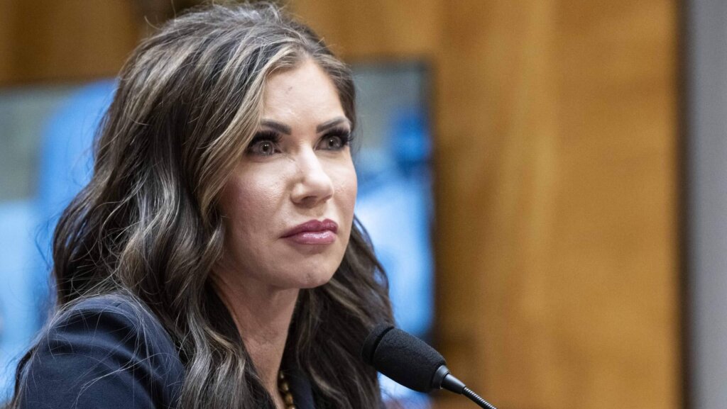 KRISTI NOEM, nominee to be Secretary of Homeland Security, speaking at a Senate Homeland Security and Governmental Affairs Committee hearing at the U.S. Capitol.