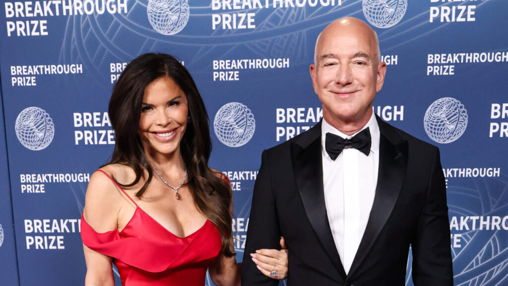 Lauren Sanchez and Jeff Bezos arrive at the 11th Annual Breakthrough Prize Ceremony 2025 held at the Barker Hangar on April 5, 2025 in Santa Monica, Los Angeles, California, United States.