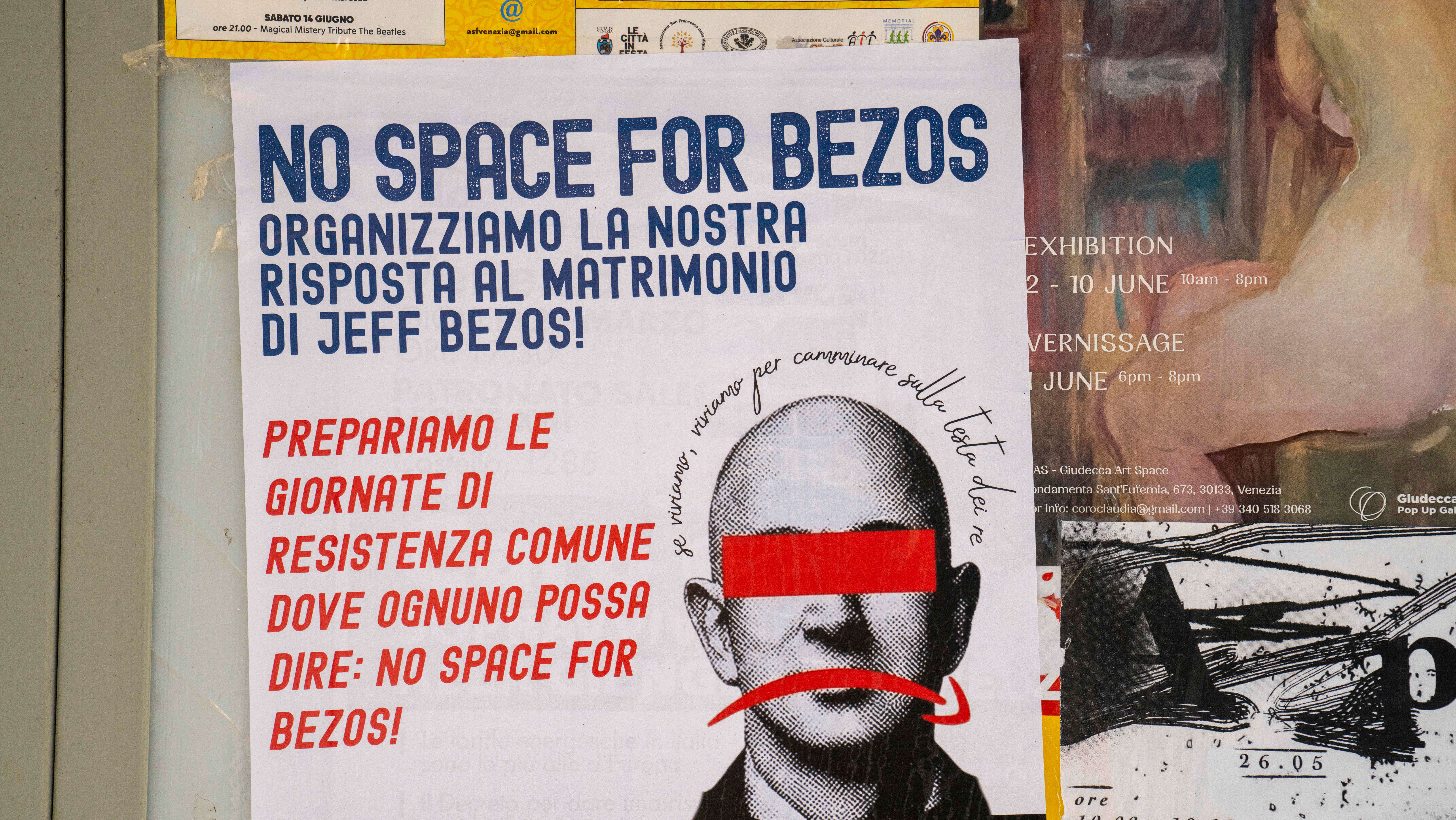 Protest poster in Italian against Jeff Bezos' marriage with a stylized image of a person with red bars over eyes and mouth.