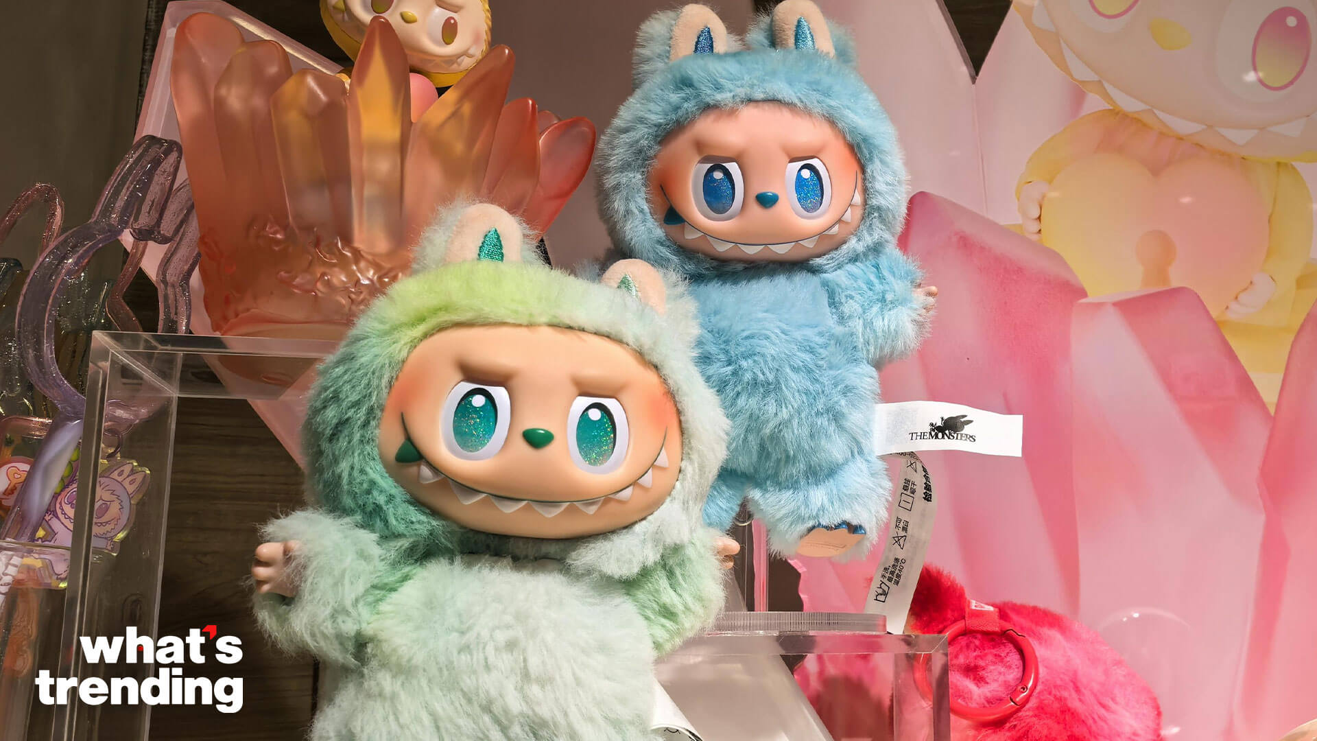 Two plush toys with large eyes and sharp teeth wearing fuzzy blue and green animal costumes labeled "THE MONSTERS"