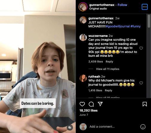 Young boy in a white shirt with cartoon prints speaking indoors with caption "Dates can be boring."