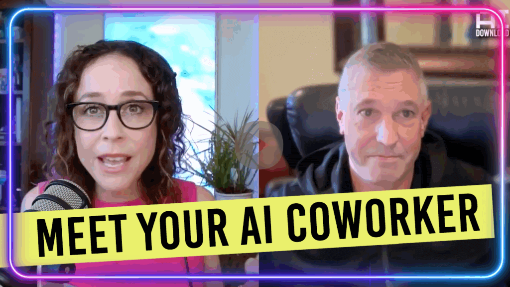 Two people in a video call with the text "Meet Your AI Coworker" across the screen.