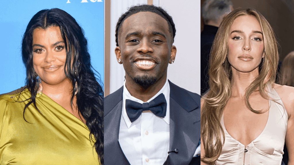 Tiffany Haddish, Caleb McLaughlin in tuxedo, and Sydney Sweeney in satin dress at separate events