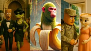 Animated characters from "The Amazing Maurice" including a tuxedo-wearing wooden figure, a stylish crocodile, a monkey in a banana peel, and a soldier with a coffee cup woman.
