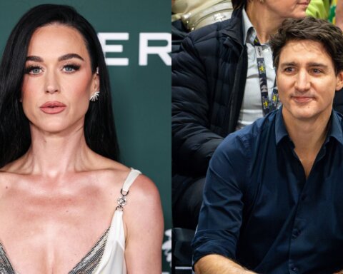 Kacey Musgraves in a white dress at an event and Justin Trudeau sitting in a crowd wearing a navy shirt