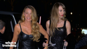 Blake Lively in a black leather dress and Taylor Swift in a black sequined dress at night event