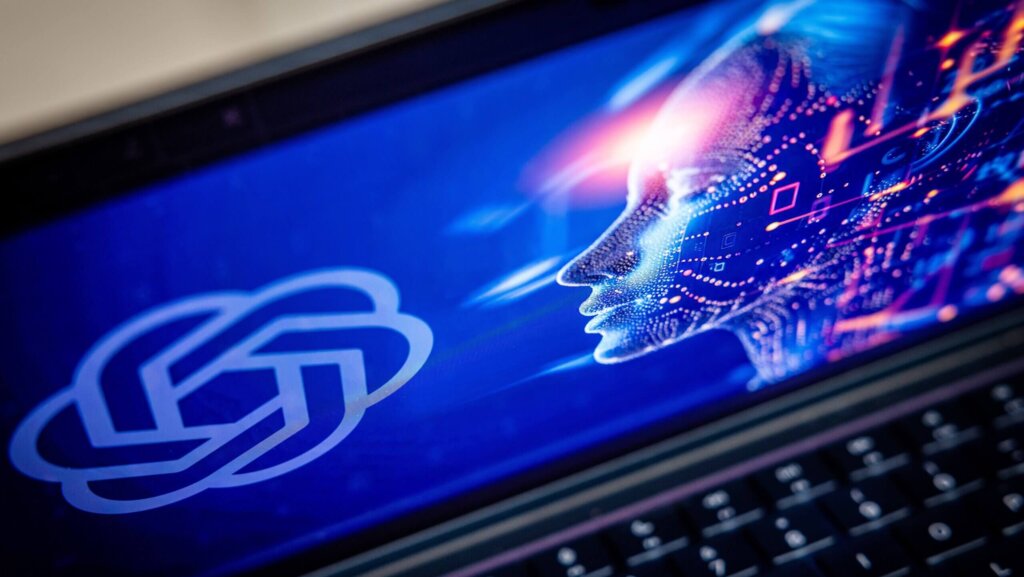 OpenAI logo next to a digital human face composed of glowing data points on a laptop screen.