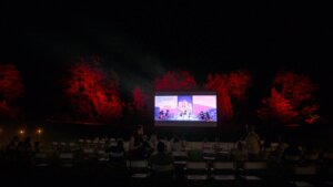 Outdoor nighttime screening of Netflix's K-Pop Demon Hunters with audience seated and red-lit trees in background